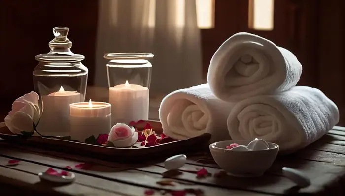 Rolled spa towels with candles and rose petals
