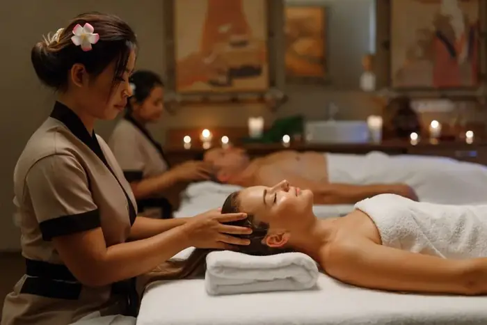 Therapists giving two clients a relaxing head massage in a spa treatment room